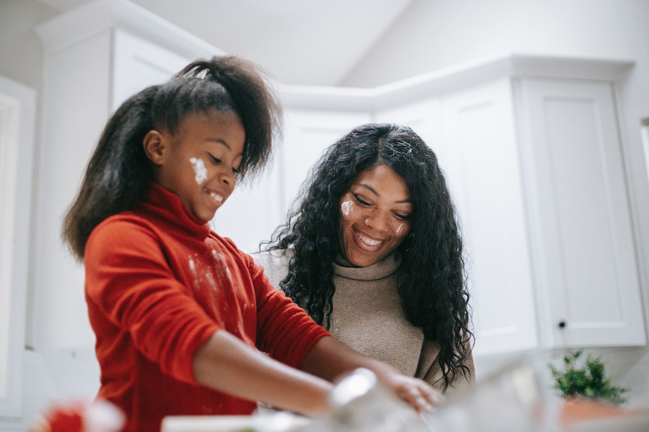 cooking process kid and mom