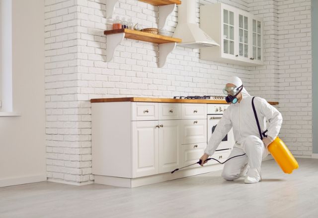 Exterminator fighting insects in house. Pest control home service guy in mask and white protective suit spraying