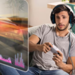 Young man using wireless headset for playing game