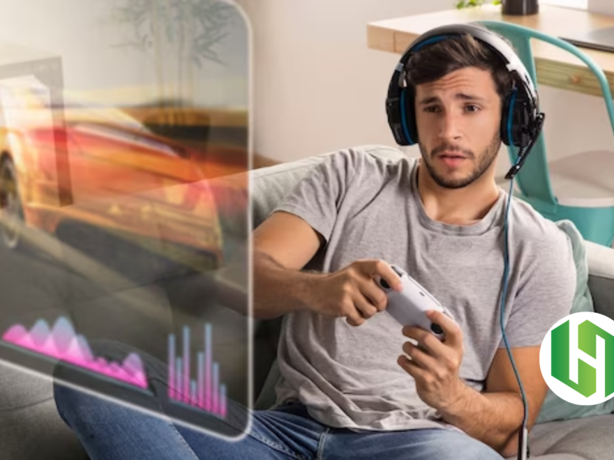 Young man using wireless headset for playing game