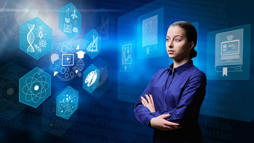 Portrait of high school student girl, background of digital screen with signs of various educational sciences and programs. E-education, e-learning, modern technologies in education