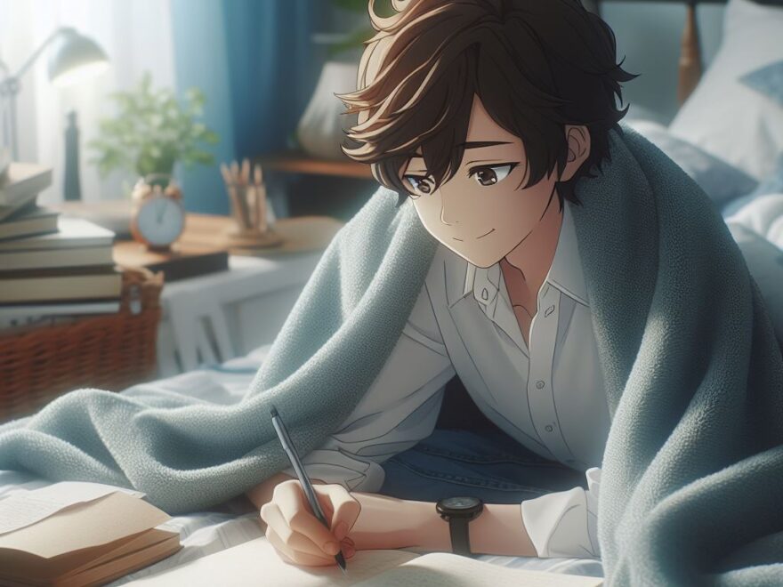 a boy sitting and writing in a room