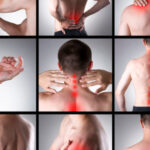 Pain in a man's body. Collage of several photos with red dots