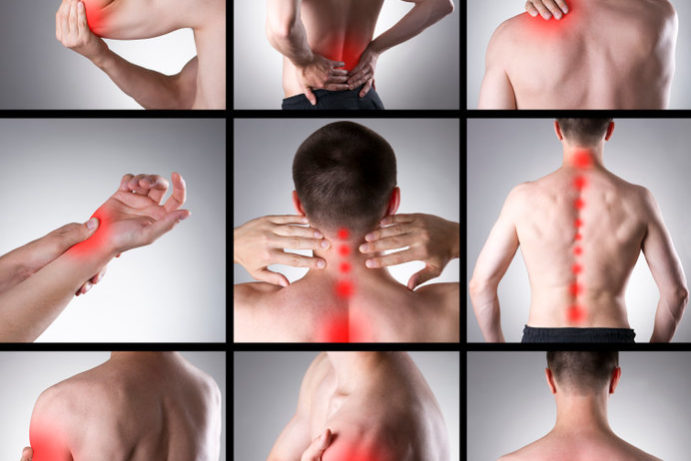 Pain in a man's body. Collage of several photos with red dots