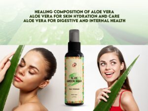 A fresh aloe vera leaf alongside a clear bottle filled with aloe vera water, symbolizing the natural use of aloe vera in skincare routines for hydration and hair growth inhibitor