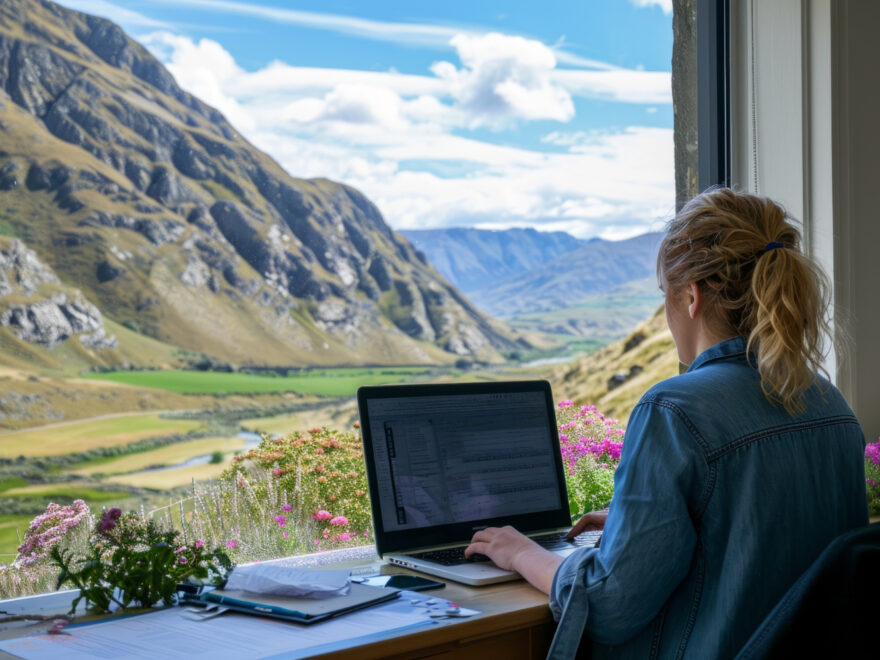 Digital nomad working on a laptop in a remote location with Canada's stunning landscapes, showcasing the lifestyle enabled by the Canada Digital Nomad Visa.