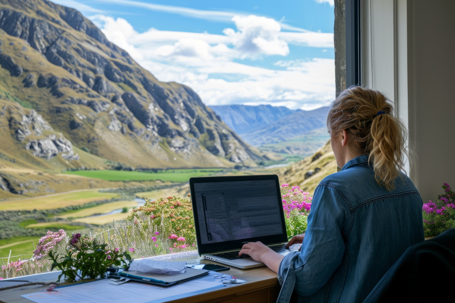 Digital nomad working on a laptop in a remote location with Canada's stunning landscapes, showcasing the lifestyle enabled by the Canada Digital Nomad Visa.