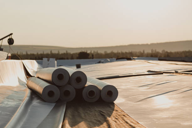 Roofing PVC membrane in rolls placed on the roof of a hall. Rubber membrane ready.